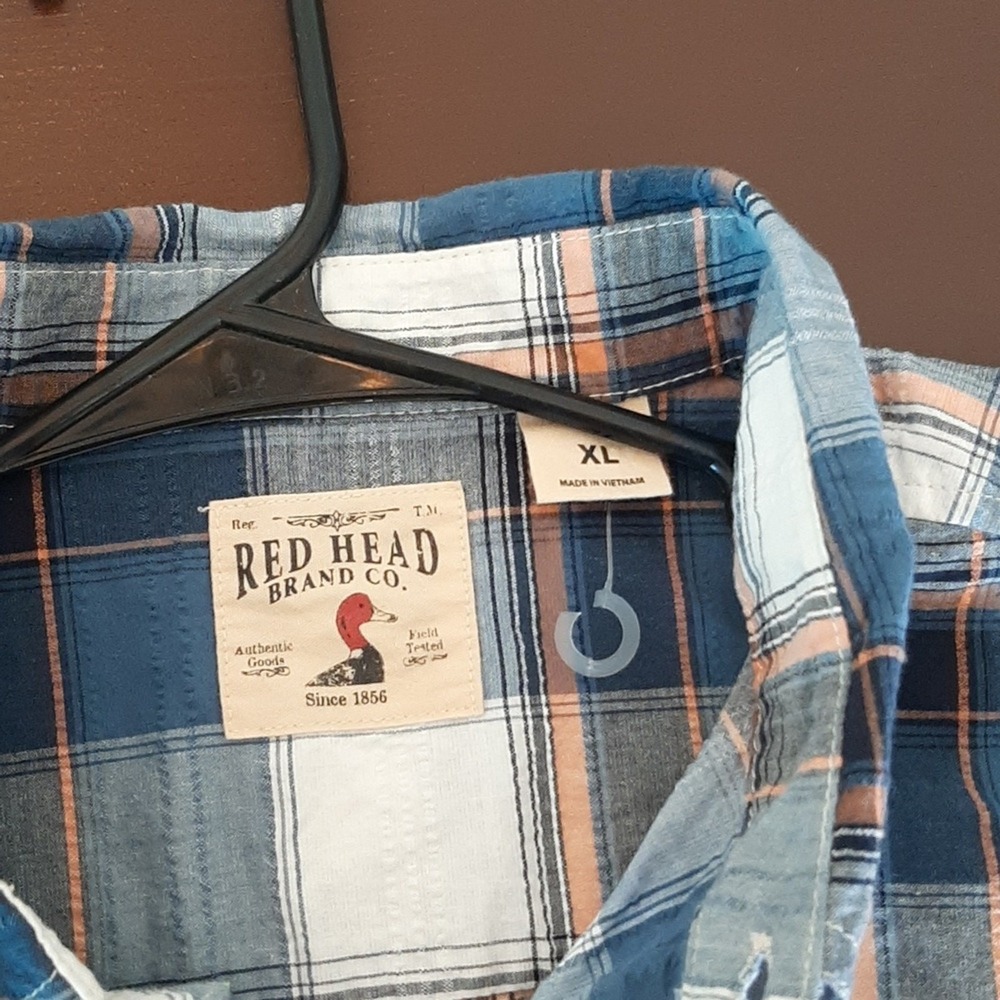 RedHead Mens XL Short Sleeve Button Down Shirt Blue Orange Plaid Dobby Pocket - Picture 9 of 9